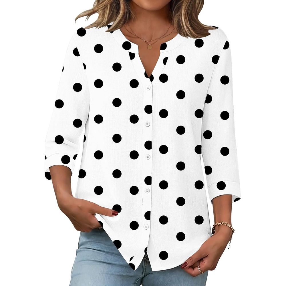 image:imageZeagoo Button Down Shirts for Women 34 Sleeve Linen Cotton V Neck Tops Dressy Casual Loose Work BlousesPolka Dotsjh592