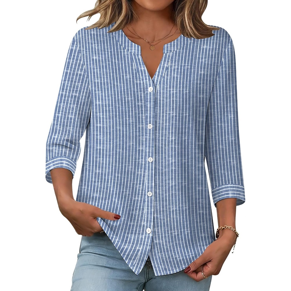 image:imageZeagoo Button Down Shirts for Women 34 Sleeve Linen Cotton V Neck Tops Dressy Casual Loose Work BlousesStripestz273