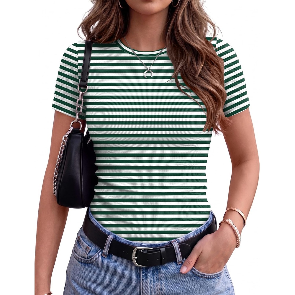 image:imageZeagoo Women Short Sleeve Tops Crewneck Ribbed Knit Fitted Tshirts Dressy Casual Basic Tee 2026 Summer ClothesGreen Stripe
