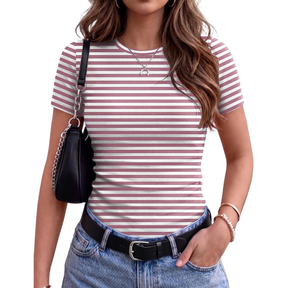image:imageZeagoo Women Short Sleeve Tops Crewneck Ribbed Knit Fitted Tshirts Dressy Casual Basic Tee 2026 Summer ClothesPink Stripe