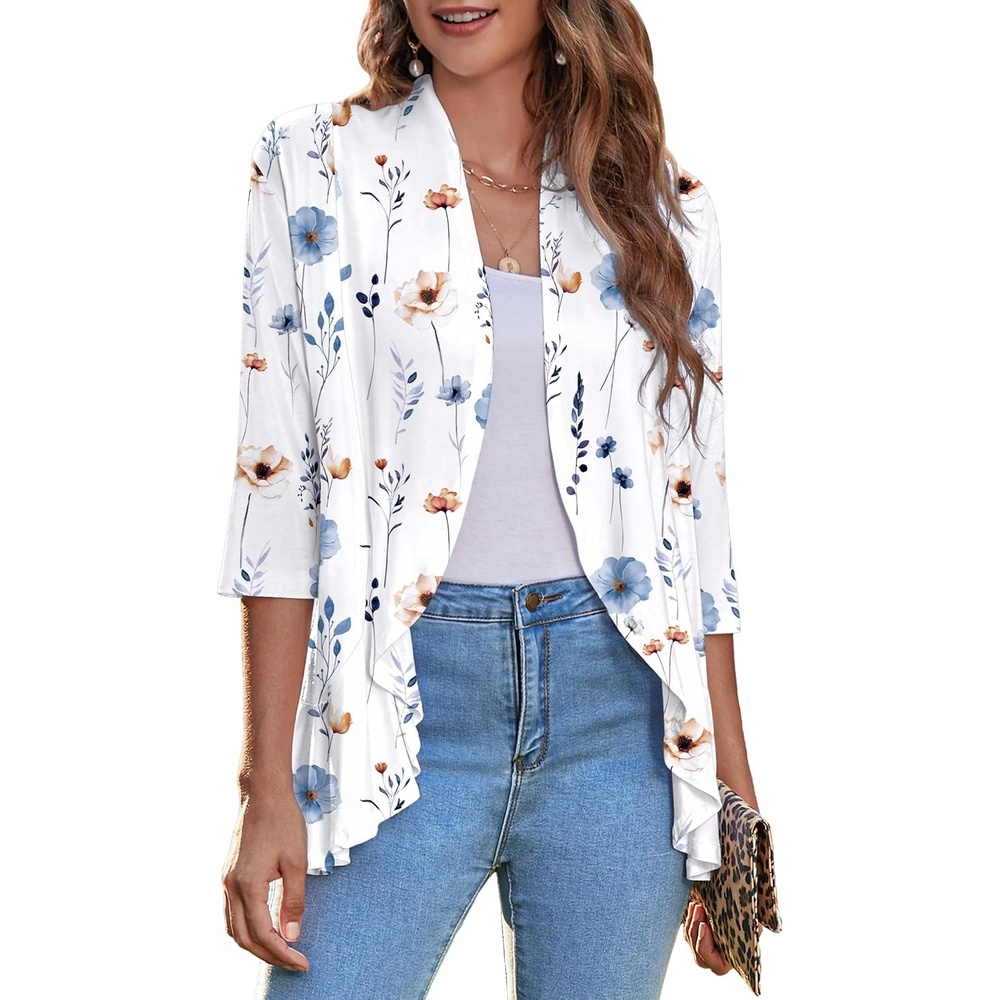 image:imageZeagoo Womens Open Front Cardigan 2026 Spring Summer Lightweight 34 Sleeve Draped Ruffles Cardigans S3XLFloral Blue