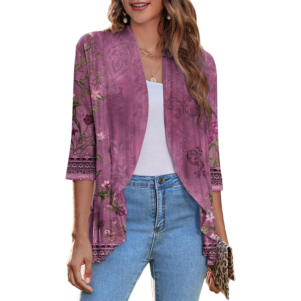 image:imageZeagoo Womens Open Front Cardigan 2026 Spring Summer Lightweight 34 Sleeve Draped Ruffles Cardigans S3XLFloral Purple