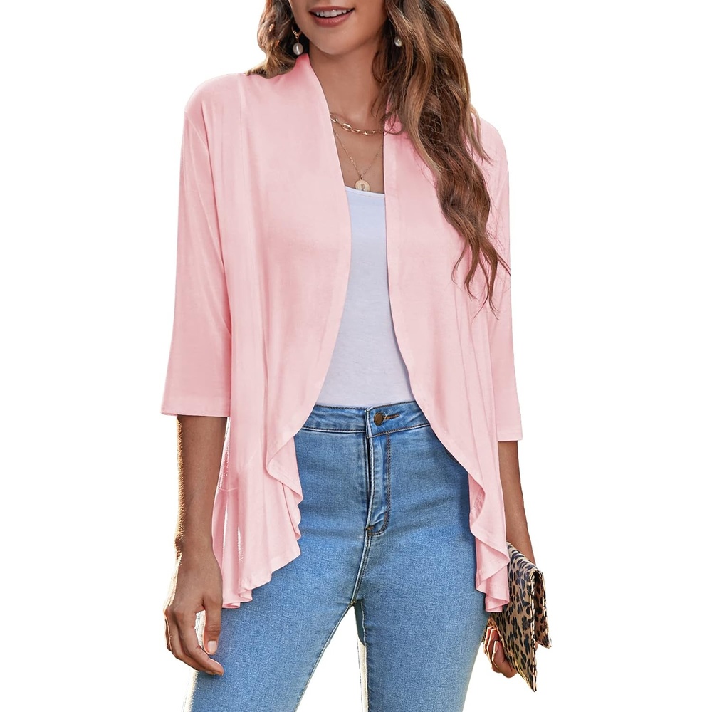 image:imageZeagoo Womens Open Front Cardigan 2026 Spring Summer Lightweight 34 Sleeve Draped Ruffles Cardigans S3XLPink