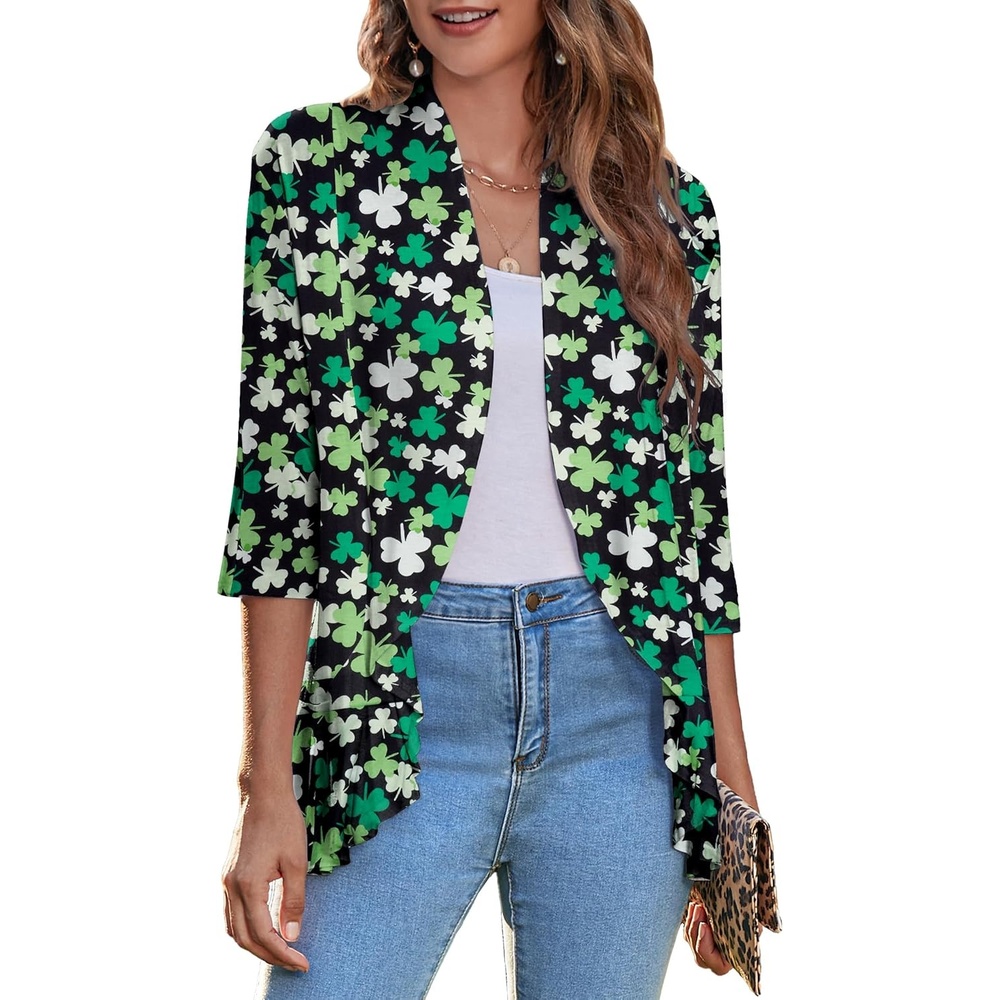 image:imageZeagoo Womens Open Front Cardigan 2026 Spring Summer Lightweight 34 Sleeve Draped Ruffles Cardigans S3XLZw559