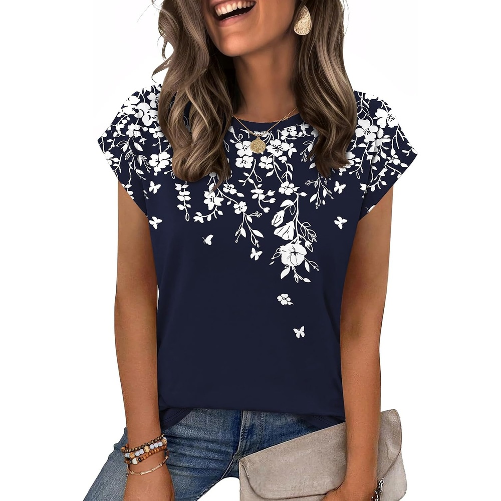 image:imageZeagoo Womens Tops Summer Casual Cap Sleeve Tshirts Shirts Business Dressy Spring Fashion Outfits Trendy ClothesNavy Floral