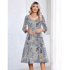 Zeagoo 3/4 Sleeve Women’s Dress Pleated Midi Dresses 2026 Floral T Shirt Dress with Pockets Casual Flowy A-Line Dresses(Ethnic Blue)