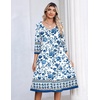 Zeagoo 3/4 Sleeve Women’s Dress Pleated Midi Dresses 2026 Floral T Shirt Dress with Pockets Casual Flowy A-Line Dresses(White-based Print)