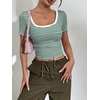 Zeagoo Womens Tops Short Sleeve Scoop Neck Shirts Ribbed Knit Fitted Basic Tees Casual Summer Work Clothes(Green White Stripes)