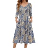 Zeagoo 3/4 Sleeve Women’s Dress Pleated Midi Dresses 2026 Floral T Shirt Dress with Pockets Casual Flowy A-Line Dresses(Ethnic Blue)