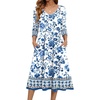 Zeagoo 3/4 Sleeve Women’s Dress Pleated Midi Dresses 2026 Floral T Shirt Dress with Pockets Casual Flowy A-Line Dresses(White-based Print)