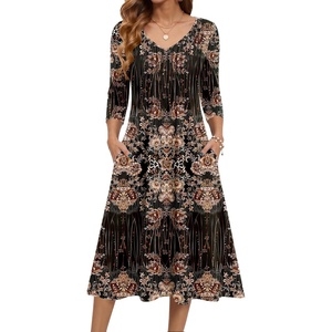 Zeagoo 3/4 Sleeve Women’s Dress Pleated Midi Dresses 2026 Floral T Shirt Dress with Pockets Casual Flowy A-Line Dresses(Black Printed)
