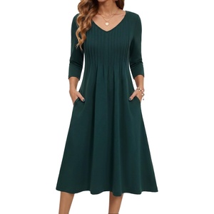 Zeagoo 3/4 Sleeve Women’s Dress Pleated Midi Dresses 2026 Floral T Shirt Dress with Pockets Casual Flowy A-Line Dresses(Dark Green)