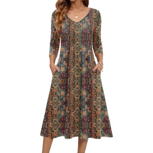 Zeagoo 3/4 Sleeve Women’s Dress Pleated Midi Dresses 2026 Floral T Shirt Dress with Pockets Casual Flowy A-Line Dresses(Ethnic Prints)