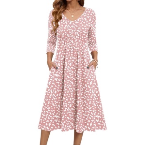Zeagoo 3/4 Sleeve Women’s Dress Pleated Midi Dresses 2026 Floral T Shirt Dress with Pockets Casual Flowy A-Line Dresses(Pink White)
