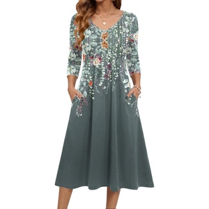 Zeagoo 3/4 Sleeve Women’s Dress Pleated Midi Dresses 2026 Floral T Shirt Dress with Pockets Casual Flowy A-Line Dresses(Plants Gray)