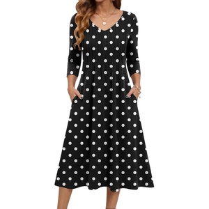 Zeagoo 3/4 Sleeve Women’s Dress Pleated Midi Dresses 2026 Floral T Shirt Dress with Pockets Casual Flowy A-Line Dresses(Polka Dots)