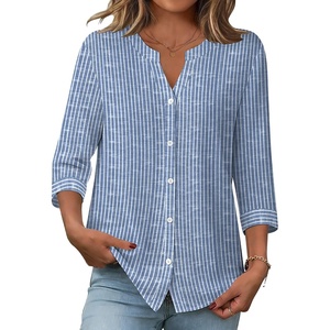 Zeagoo Button Down Shirts for Women 3/4 Sleeve Linen Cotton V Neck Tops Dressy Casual Loose Work Blouses(Stripes-tz273)