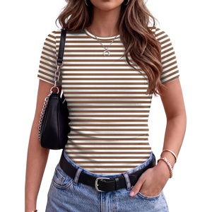 Zeagoo Women Short Sleeve Tops Crewneck Ribbed Knit Fitted Tshirts Dressy Casual Basic Tee 2026 Summer Clothes(Brown Stripe)