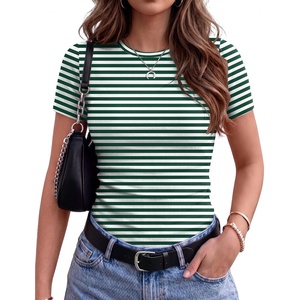 Zeagoo Women Short Sleeve Tops Crewneck Ribbed Knit Fitted Tshirts Dressy Casual Basic Tee 2026 Summer Clothes(Green Stripe)
