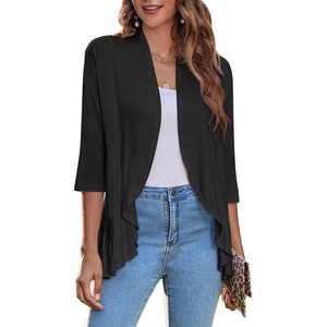 Zeagoo Women’s Open Front Cardigan 2026 Spring Summer Lightweight 3/4 Sleeve Draped Ruffles Cardigans S-3XL(Black)