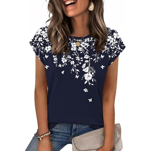 Zeagoo Womens Tops Summer Casual Cap Sleeve Tshirts Shirts Business Dressy Spring Fashion Outfits Trendy Clothes(Navy Floral)