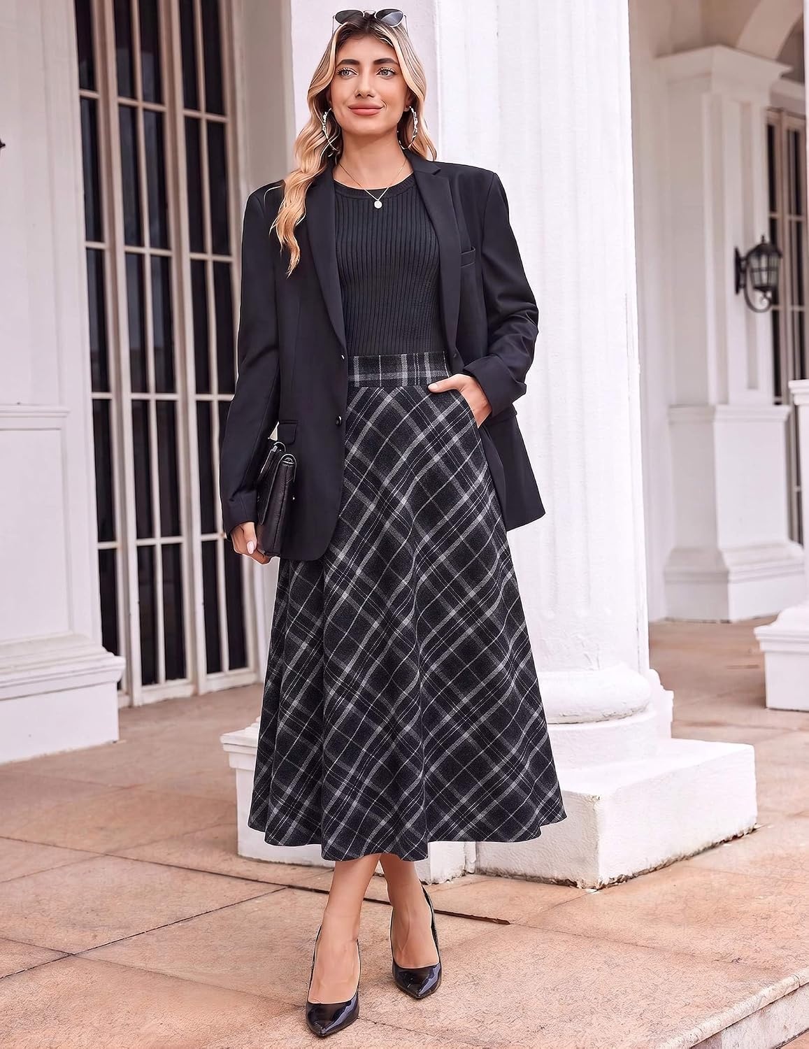 image:imageZeagoo Plaid Skirts for Women Elastic Waist Aline Tartan Skirt with PocketsPlaid Black
