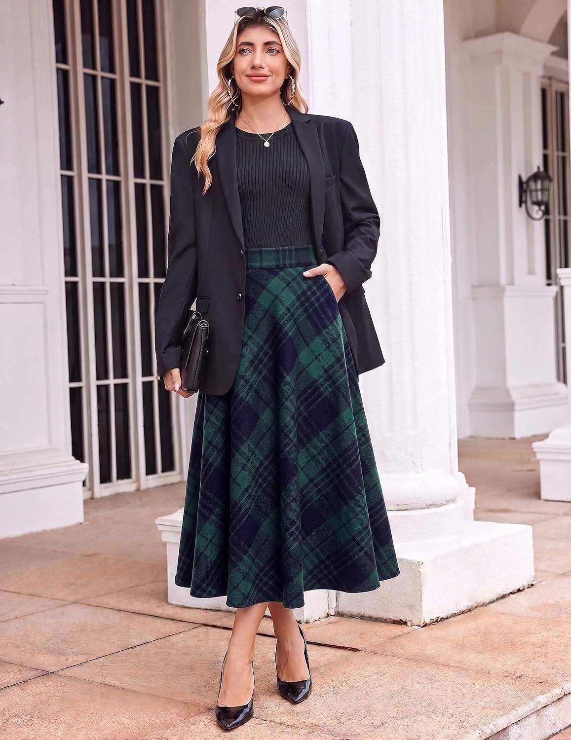 image:imageZeagoo Plaid Skirts for Women Elastic Waist Aline Tartan Skirt with PocketsPlaid Green
