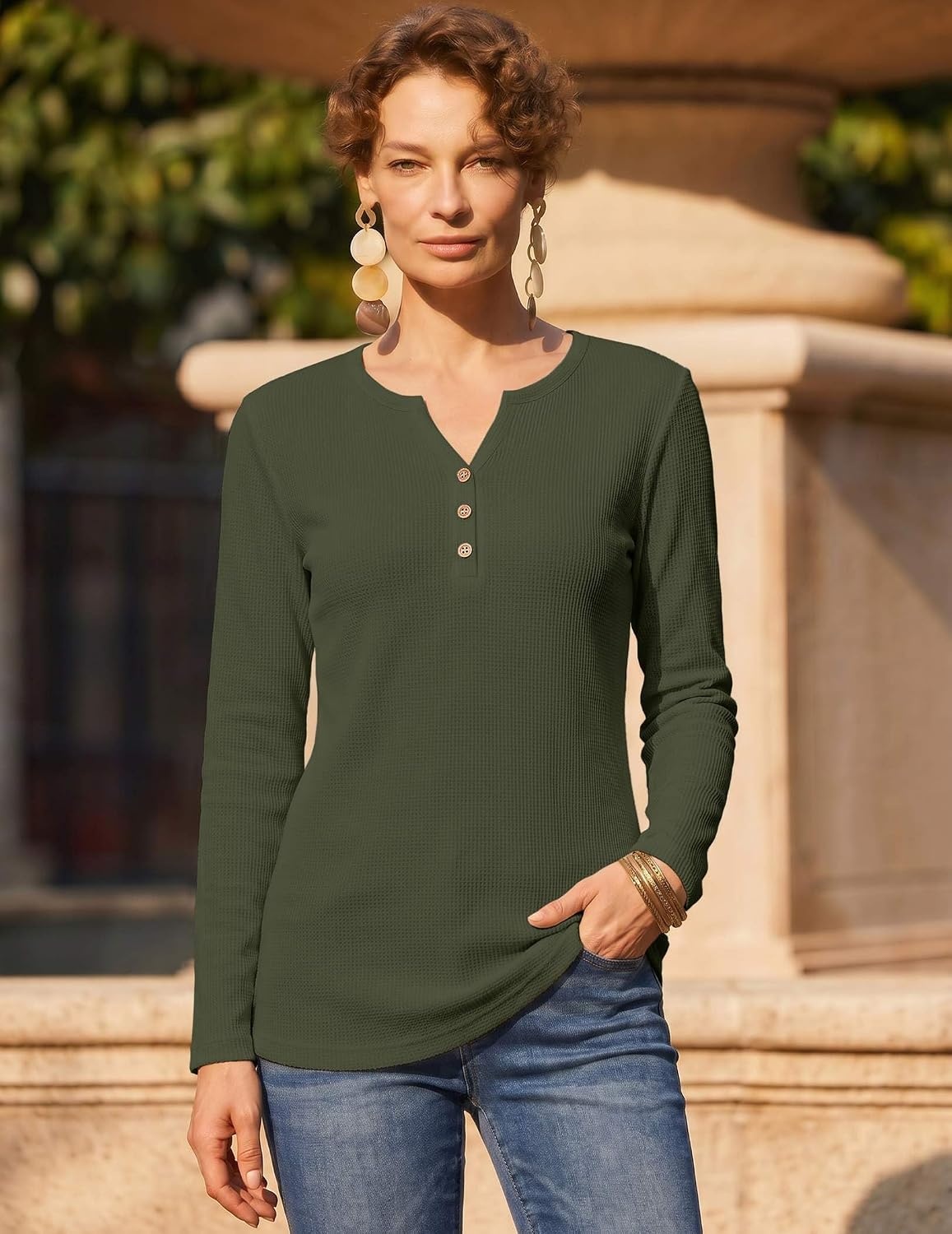 image:imageZeagoo Womens Long Sleeve Waffle Knit Shirts Dressy Casual Loose Button Up V Neck Tops 2026 Fall Basic Tee BlouseArmy Green