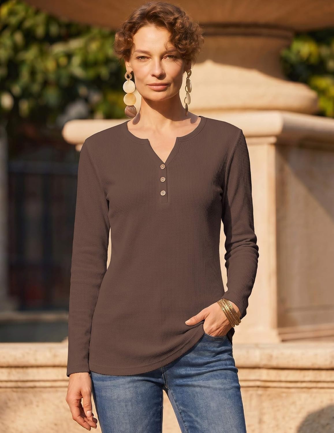 image:imageZeagoo Womens Long Sleeve Waffle Knit Shirts Dressy Casual Loose Button Up V Neck Tops 2026 Fall Basic Tee BlouseBrown