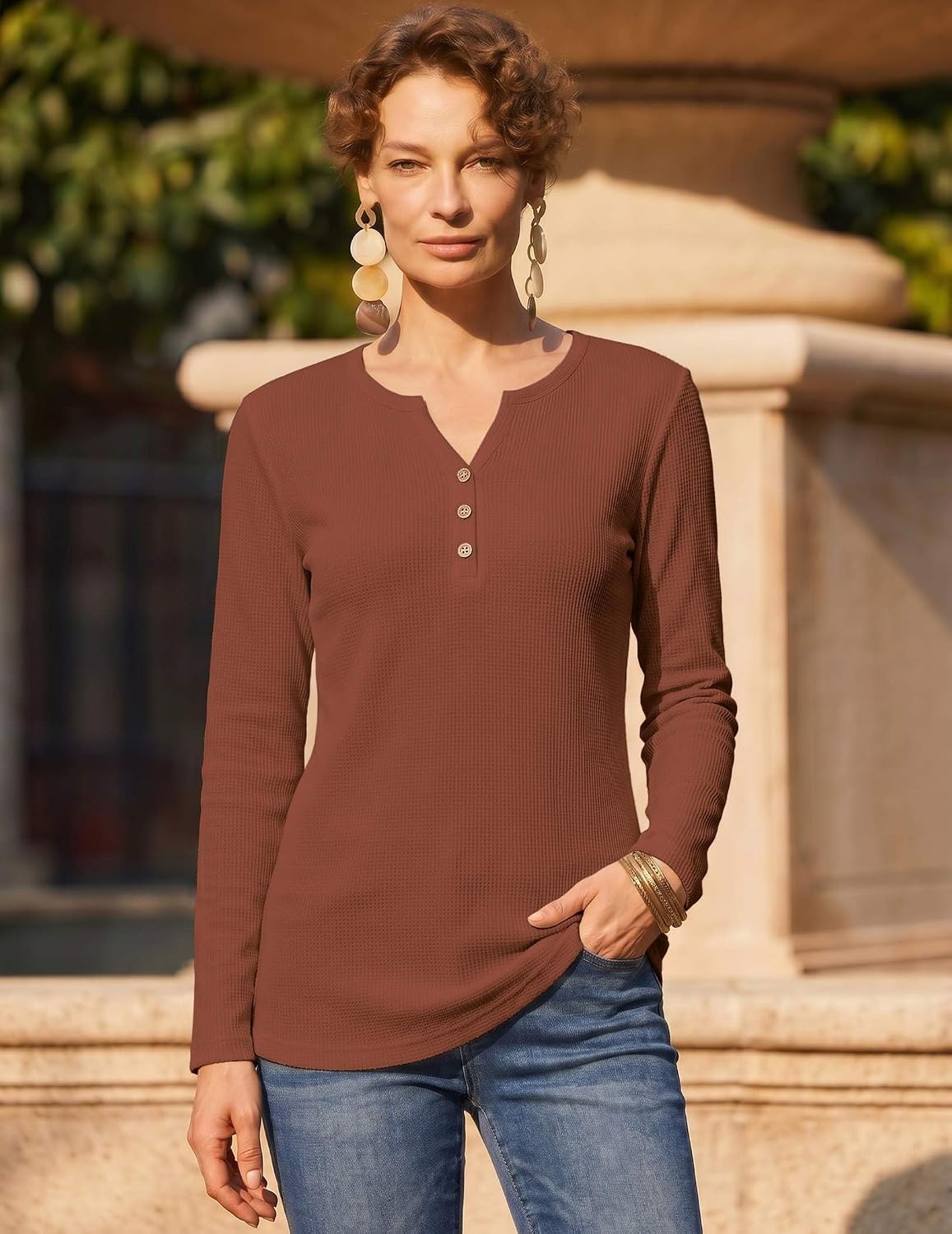 image:imageZeagoo Womens Long Sleeve Waffle Knit Shirts Dressy Casual Loose Button Up V Neck Tops 2026 Fall Basic Tee BlouseCaramel