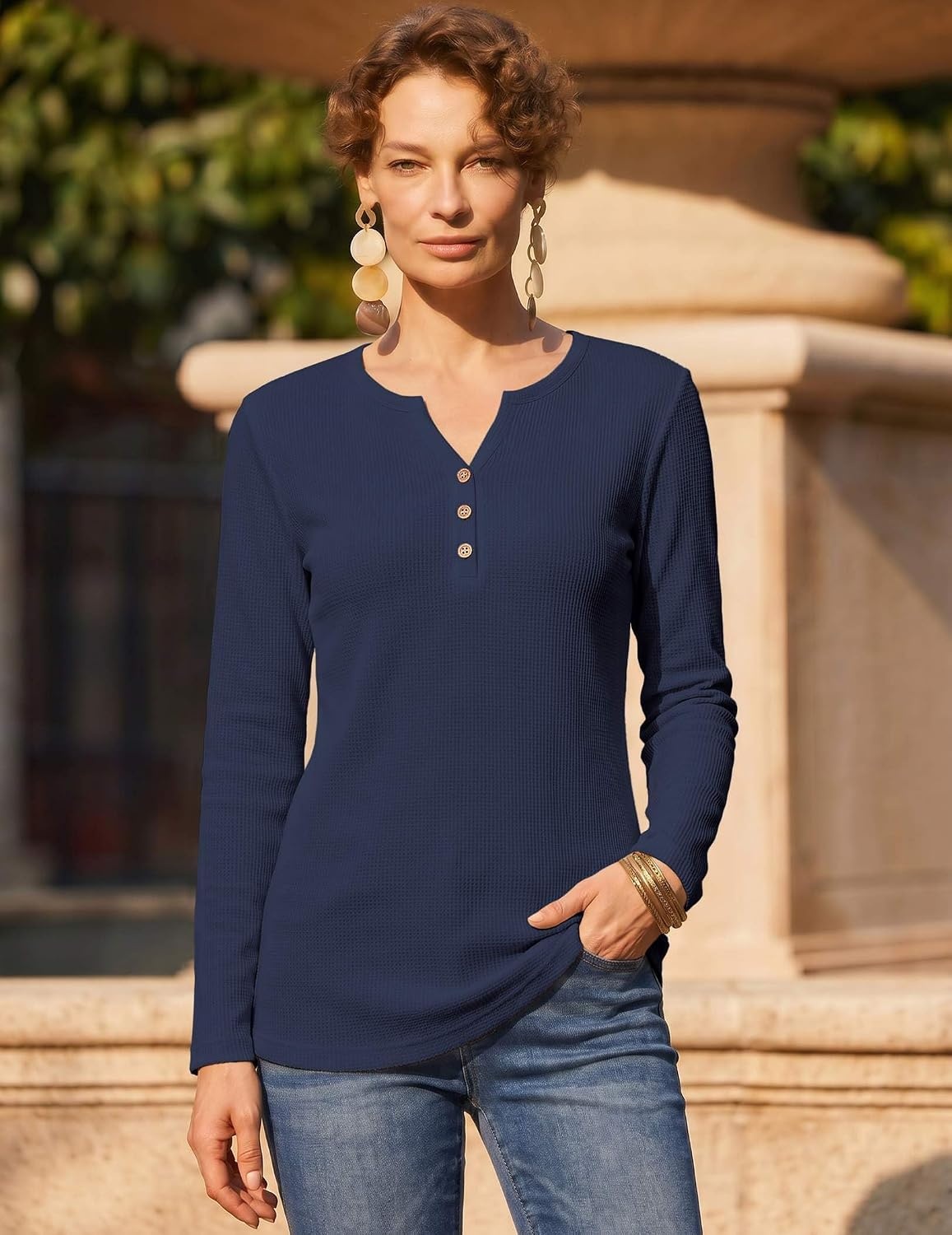 image:imageZeagoo Womens Long Sleeve Waffle Knit Shirts Dressy Casual Loose Button Up V Neck Tops 2026 Fall Basic Tee BlouseDark Blue