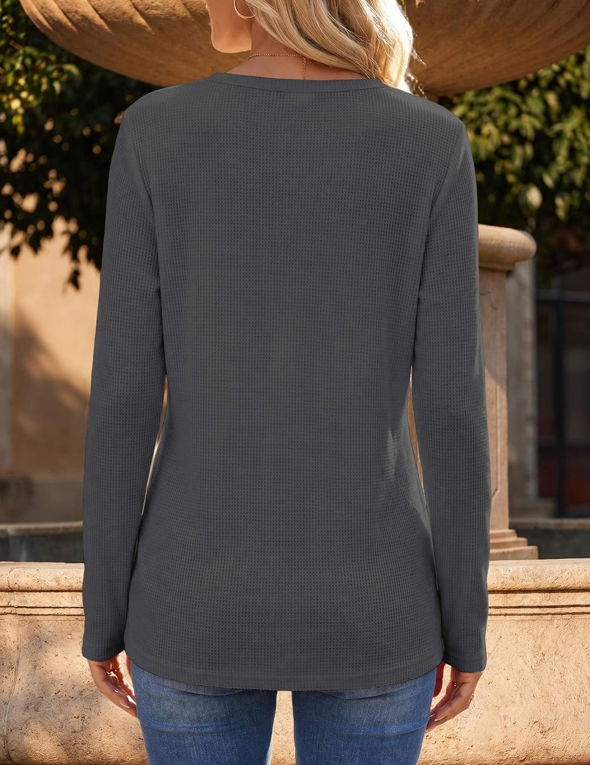 image:imageZeagoo Womens Long Sleeve Waffle Knit Shirts Dressy Casual Loose Button Up V Neck Tops 2026 Fall Basic Tee BlouseDark Grey