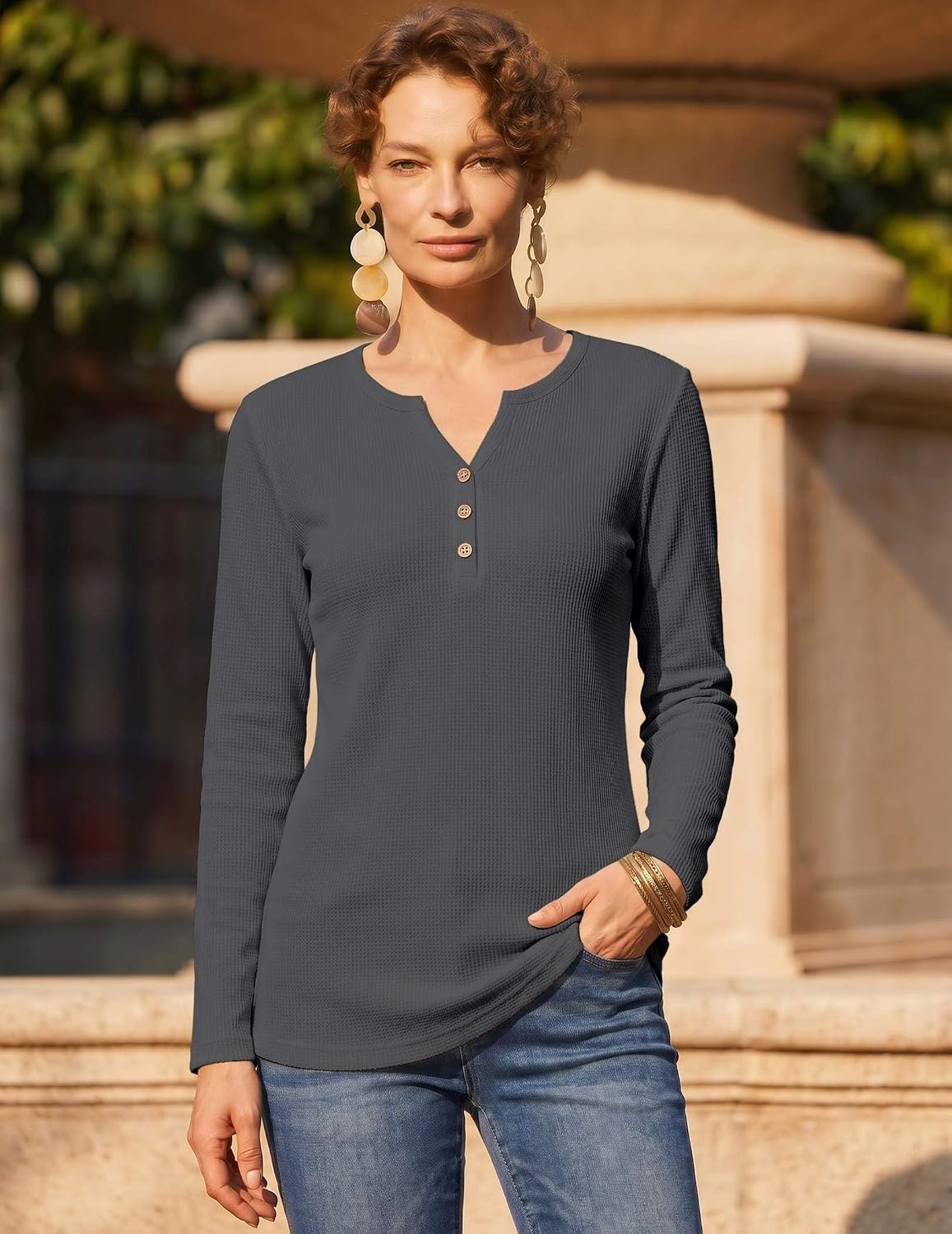 image:imageZeagoo Womens Long Sleeve Waffle Knit Shirts Dressy Casual Loose Button Up V Neck Tops 2026 Fall Basic Tee BlouseDark Grey