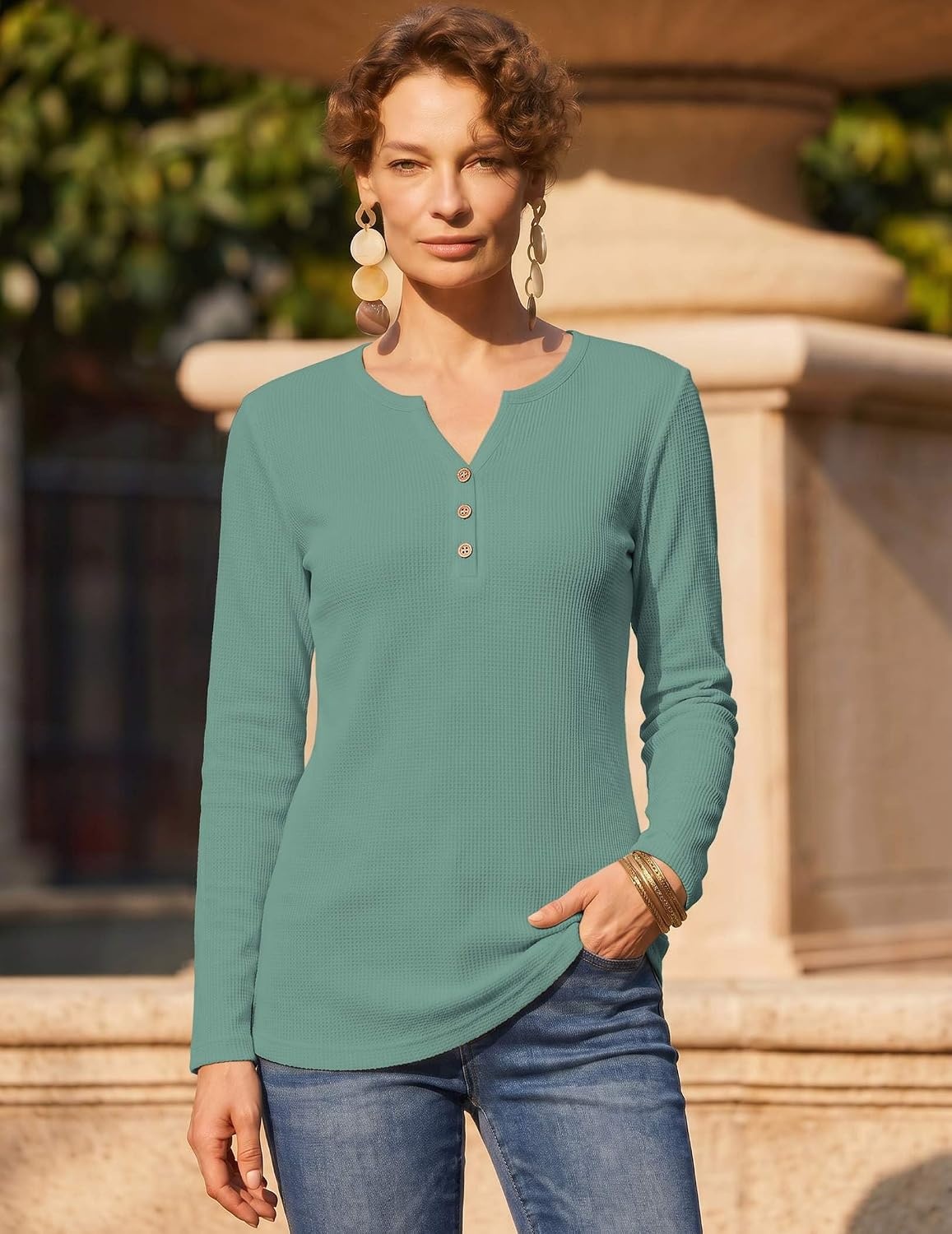 image:imageZeagoo Womens Long Sleeve Waffle Knit Shirts Dressy Casual Loose Button Up V Neck Tops 2026 Fall Basic Tee BlouseGrayish Green