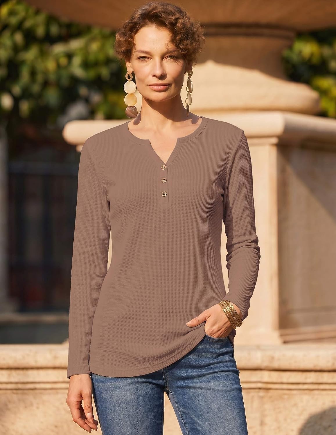 image:imageZeagoo Womens Long Sleeve Waffle Knit Shirts Dressy Casual Loose Button Up V Neck Tops 2026 Fall Basic Tee BlouseLight Brown