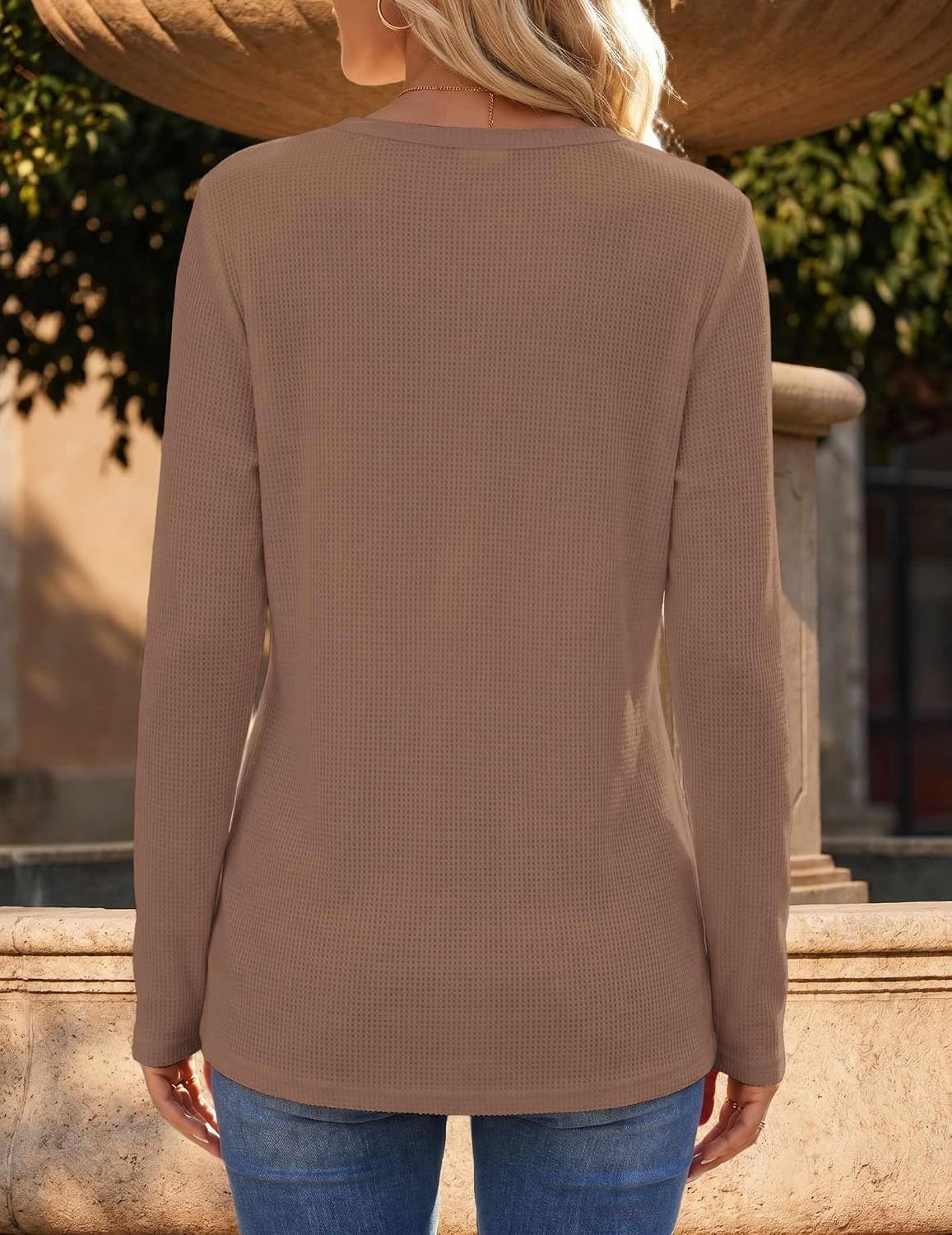 image:imageZeagoo Womens Long Sleeve Waffle Knit Shirts Dressy Casual Loose Button Up V Neck Tops 2026 Fall Basic Tee BlouseLight Brown