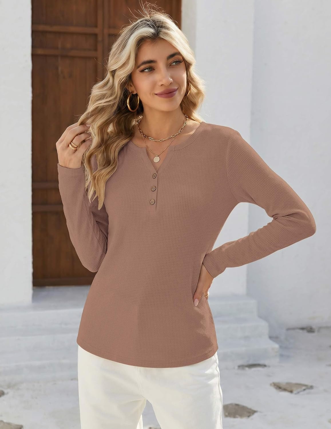 image:imageZeagoo Womens Long Sleeve Waffle Knit Shirts Dressy Casual Loose Button Up V Neck Tops 2026 Fall Basic Tee BlouseLight Brown