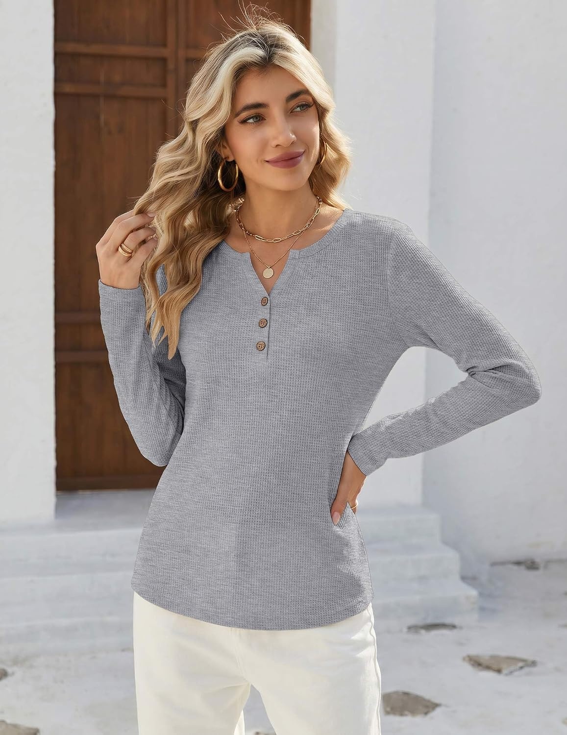 image:imageZeagoo Womens Long Sleeve Waffle Knit Shirts Dressy Casual Loose Button Up V Neck Tops 2026 Fall Basic Tee BlouseLight Grey