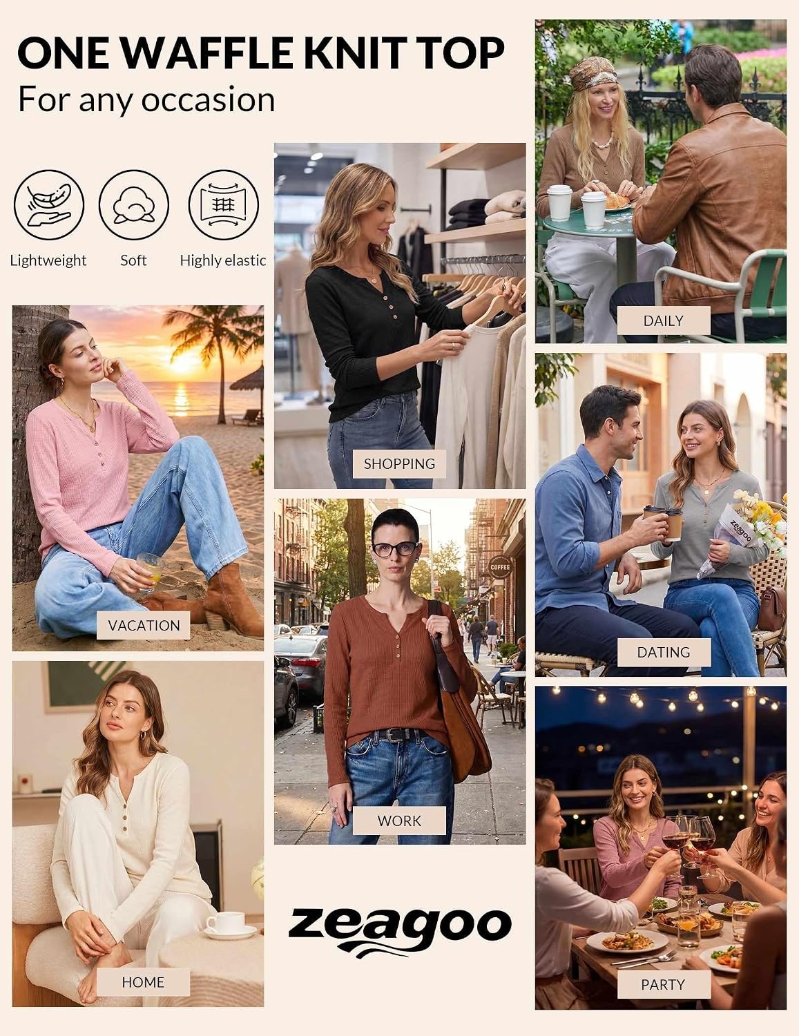 image:imageZeagoo Womens Long Sleeve Waffle Knit Shirts Dressy Casual Loose Button Up V Neck Tops 2026 Fall Basic Tee BlouseLight Grey