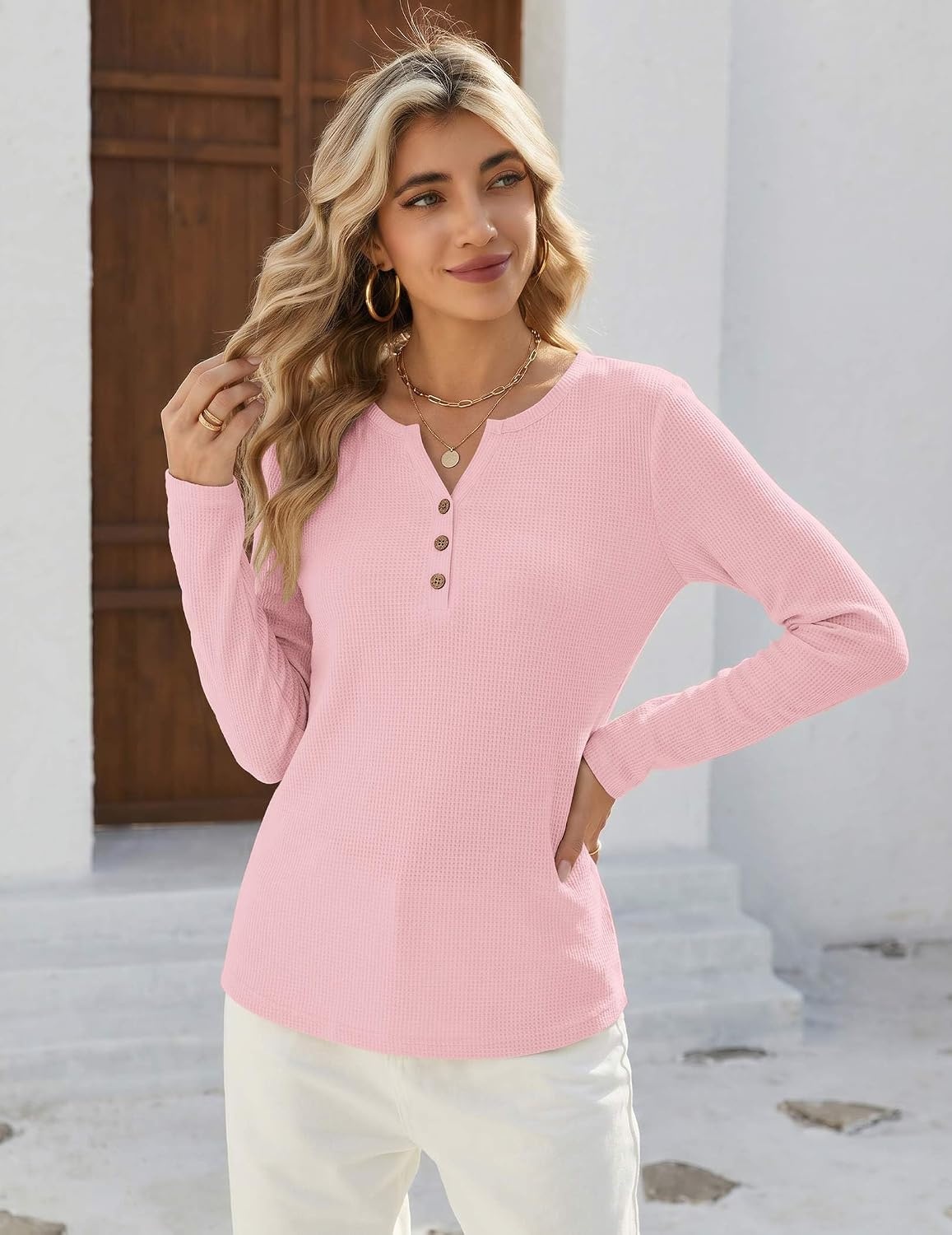image:imageZeagoo Womens Long Sleeve Waffle Knit Shirts Dressy Casual Loose Button Up V Neck Tops 2026 Fall Basic Tee BlouseLight Pink