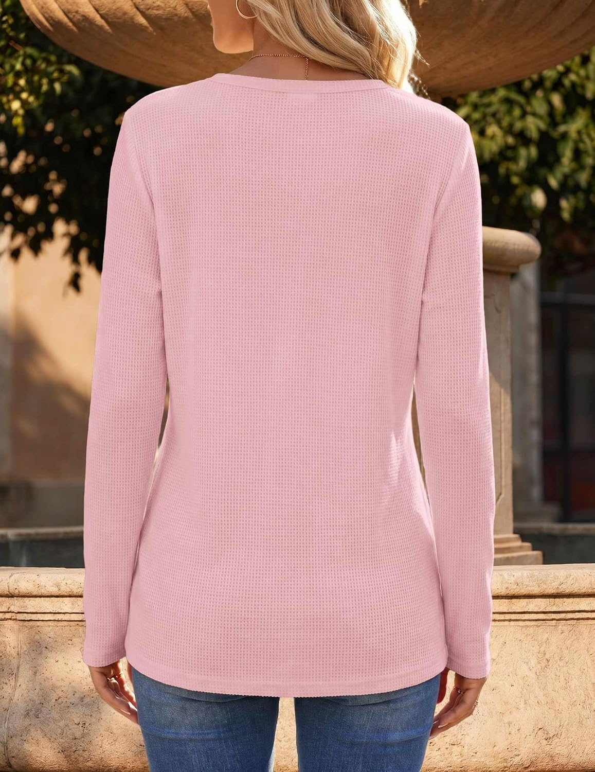 image:imageZeagoo Womens Long Sleeve Waffle Knit Shirts Dressy Casual Loose Button Up V Neck Tops 2026 Fall Basic Tee BlouseLight Pink