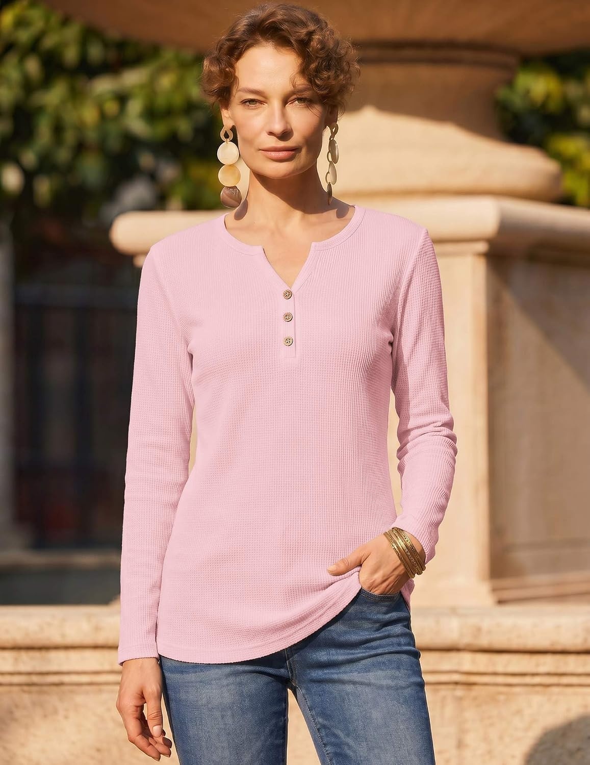 image:imageZeagoo Womens Long Sleeve Waffle Knit Shirts Dressy Casual Loose Button Up V Neck Tops 2026 Fall Basic Tee BlouseLight Pink