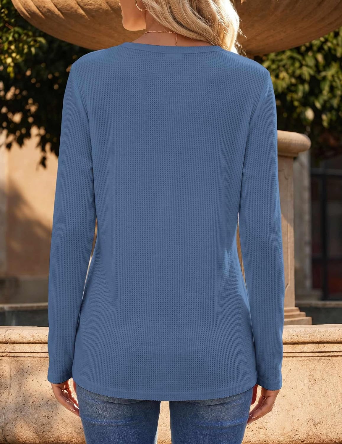 image:imageZeagoo Womens Long Sleeve Waffle Knit Shirts Dressy Casual Loose Button Up V Neck Tops 2026 Fall Basic Tee BlouseNavy Blue