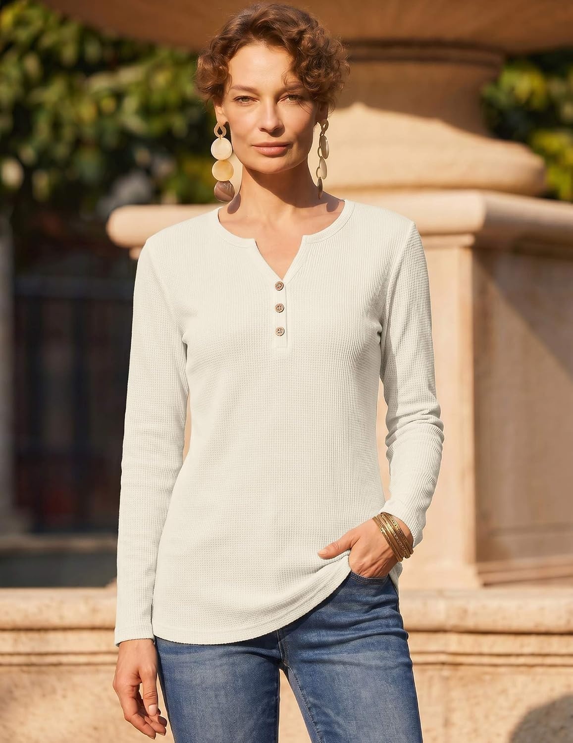 image:imageZeagoo Womens Long Sleeve Waffle Knit Shirts Dressy Casual Loose Button Up V Neck Tops 2026 Fall Basic Tee BlouseParchment