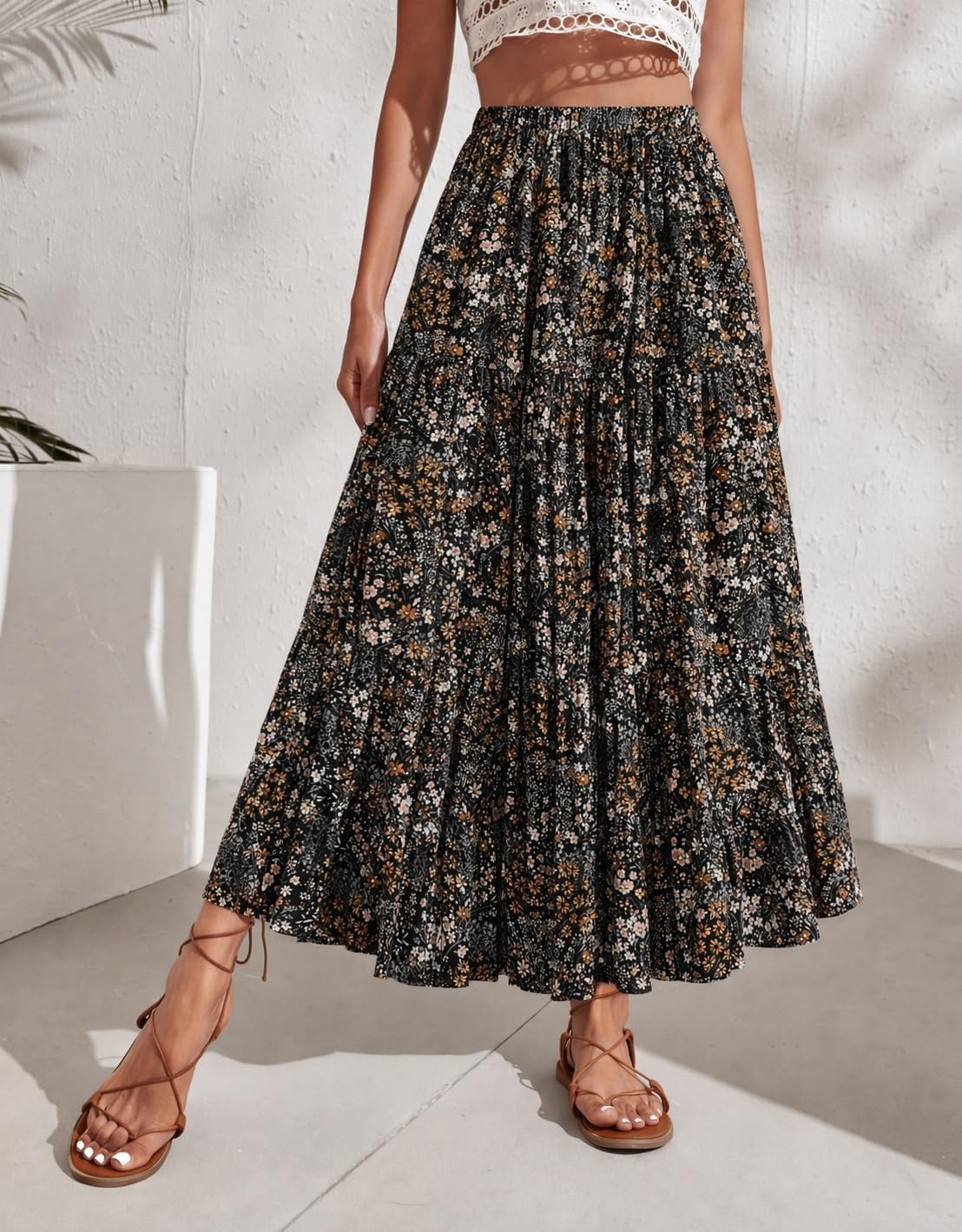image:imageZeagoo Womens Skirt Chiffon Elastic High Waist Maxi Skirt with Pockets Chiffon Elastic Waist Flowy A Line 3 Tiered Pleated Skirt With Pockets for Work Beach amp Travel Vacation03xh566