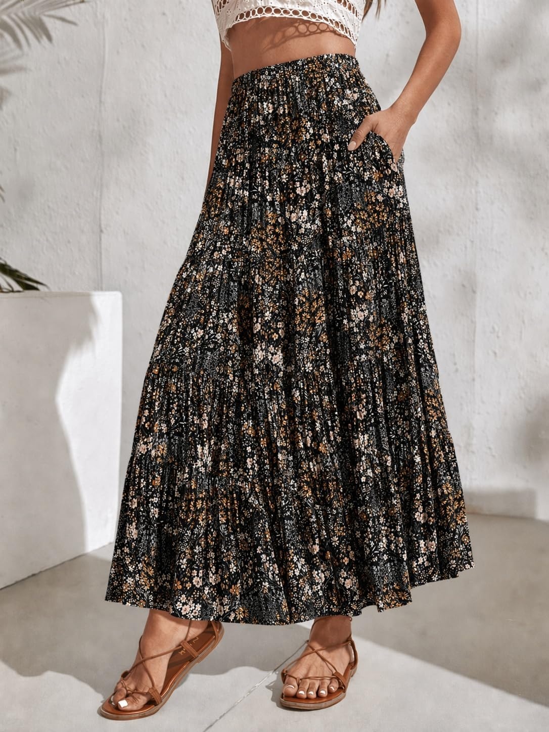 image:imageZeagoo Womens Skirt Chiffon Elastic High Waist Maxi Skirt with Pockets Chiffon Elastic Waist Flowy A Line 3 Tiered Pleated Skirt With Pockets for Work Beach amp Travel Vacation03xh566