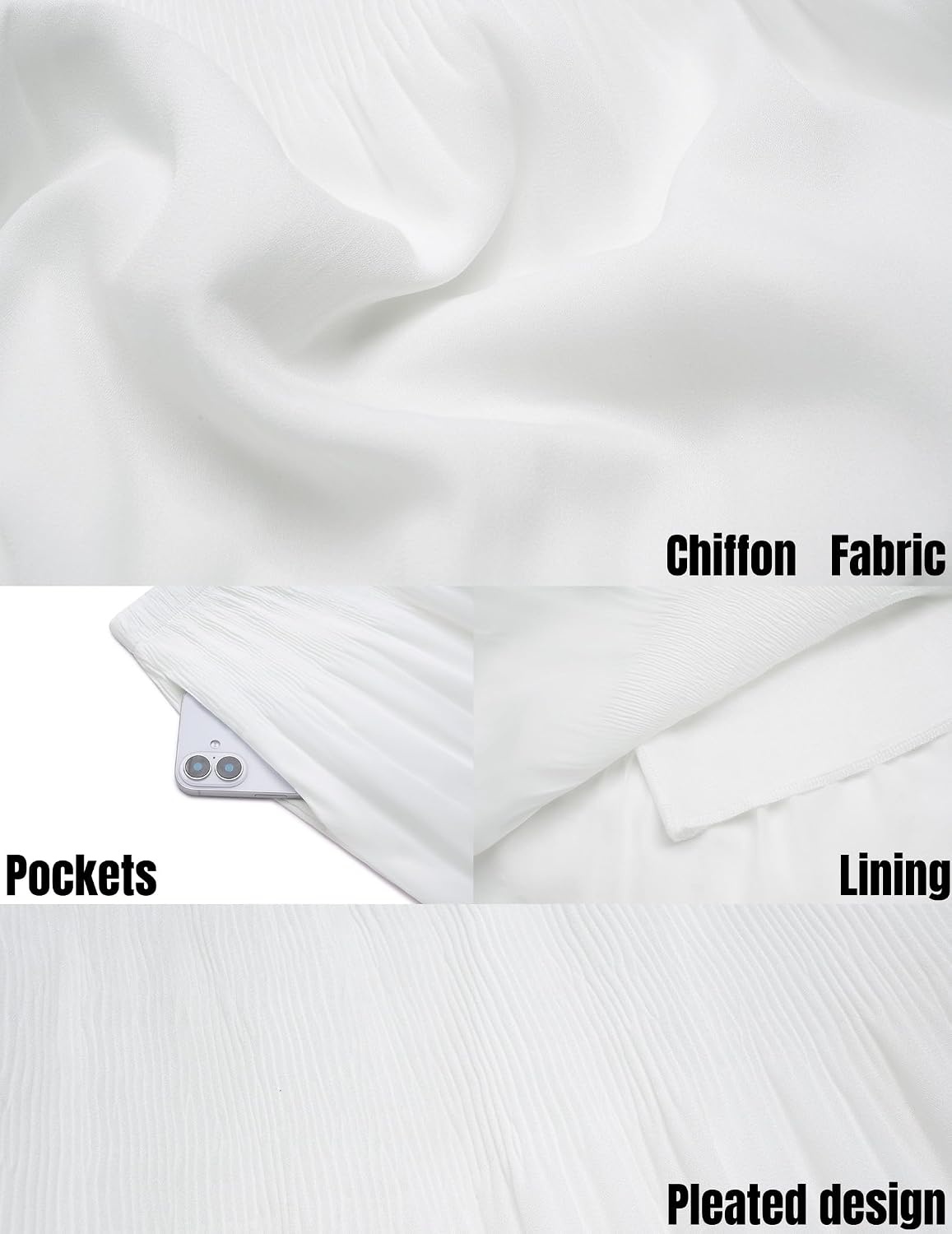 image:imageZeagoo Womens Skirt Chiffon Elastic High Waist Maxi Skirt with Pockets Chiffon Elastic Waist Flowy A Line 3 Tiered Pleated Skirt With Pockets for Work Beach amp Travel Vacation01white