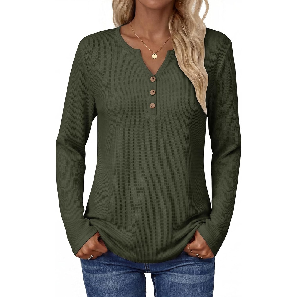 image:imageZeagoo Womens Long Sleeve Waffle Knit Shirts Dressy Casual Loose Button Up V Neck Tops 2026 Fall Basic Tee BlouseArmy Green
