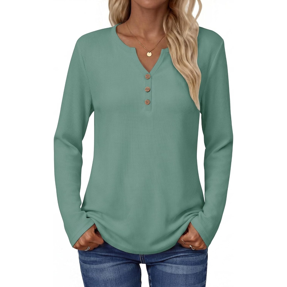 image:imageZeagoo Womens Long Sleeve Waffle Knit Shirts Dressy Casual Loose Button Up V Neck Tops 2026 Fall Basic Tee BlouseGrayish Green