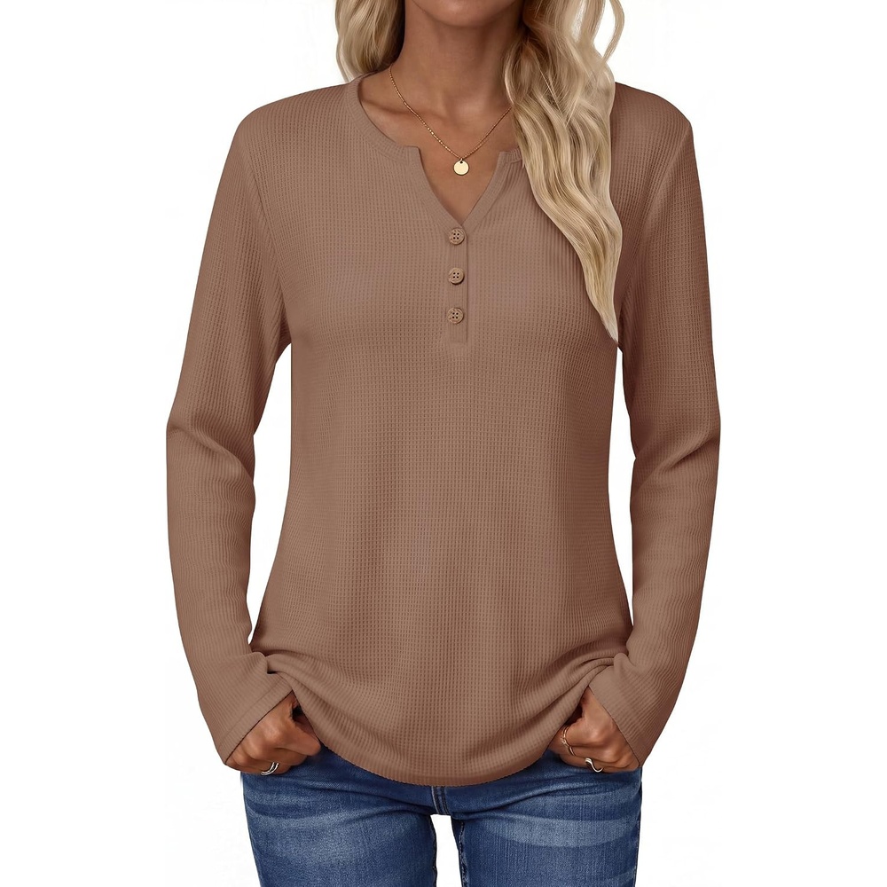 image:imageZeagoo Womens Long Sleeve Waffle Knit Shirts Dressy Casual Loose Button Up V Neck Tops 2026 Fall Basic Tee BlouseLight Brown